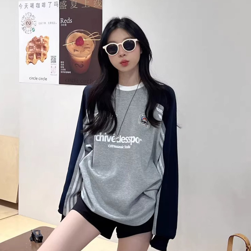 原版做工2023年美式撞色圓領字母印花秋季寬鬆顯瘦長袖女士衛衣