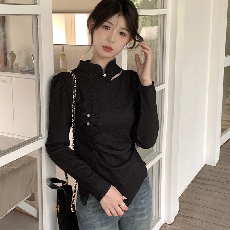 Real shot of high-end new Chinese style national style long-sleeved T-shirt for women in spring and autumn retro slim inner top