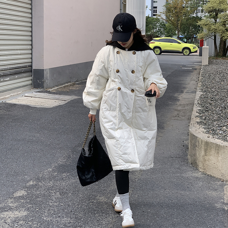 Down jacket women's long style 2023 winter new double-breasted loose silhouette thickened warm jacket trendy