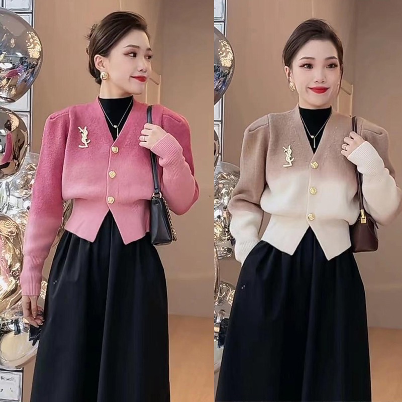 2023 new autumn and winter versatile small fragrance v-neck gradient color single-breasted long-sleeved cardigan sweater for women