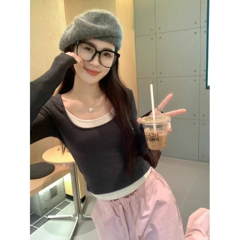 Fake two-piece brushed T-shirt for women autumn and winter 2023 new slim fit gray short long-sleeved bottoming shirt tight top