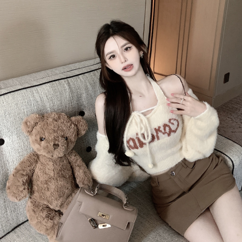 實拍 復古毛衣開衫套裝女秋冬長短款針織衫上衣掛脖背心