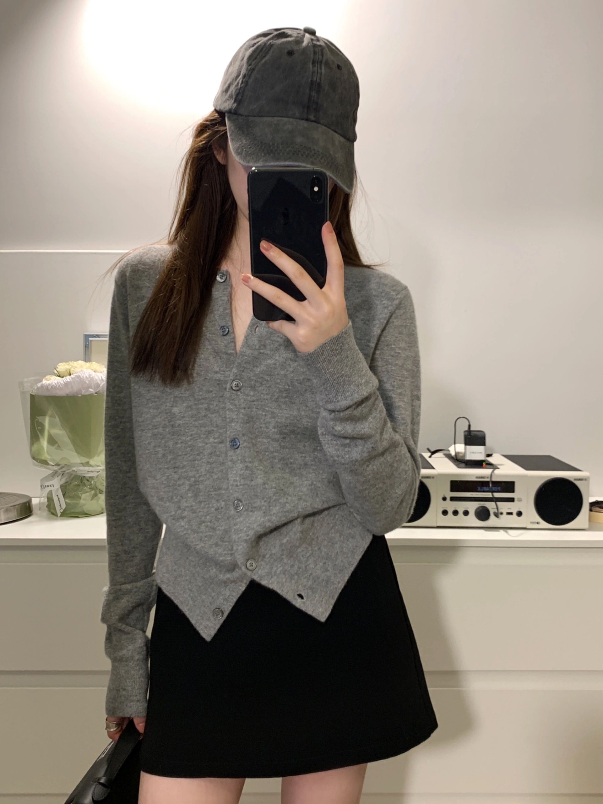 趙露思同款灰色針織衫開衫上衣女拉夫圓領毛衣外套老錢風穿搭早秋