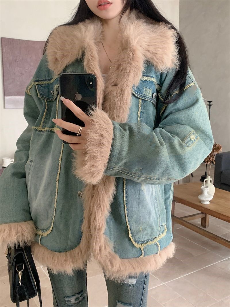 牛仔外套女美式復古拼接翻領長袖毛絨加厚寬鬆棉衣棉服秋冬裝