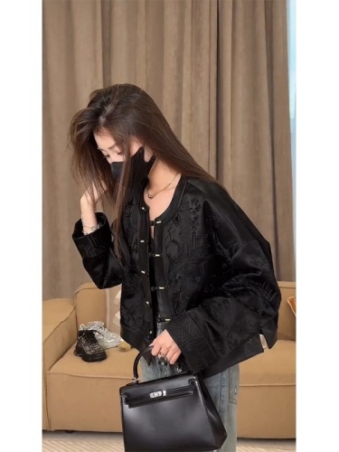 Autumn  New New Chinese Style Tops National Style Women's Small Fragrance Style Black Short Leather Jacket Women Spring and Autumn