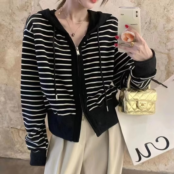 連帽條紋雙拉鏈針織開衫女外套2023秋季新款寬鬆洋氣毛衣開衫上衣