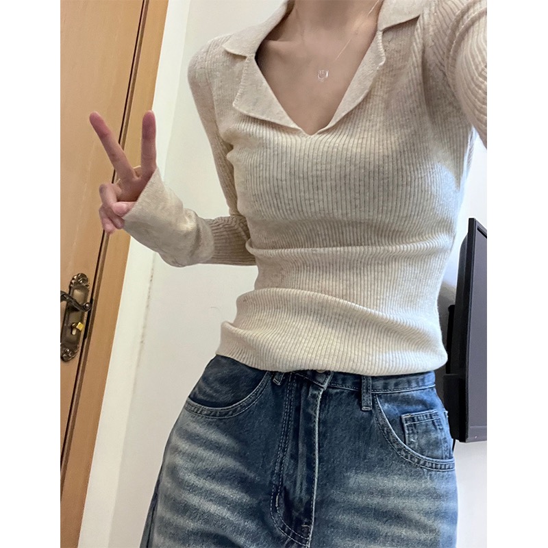 純欲風辣妹POLO針織衫女秋冬內搭打底設計感小眾修身顯瘦別致上衣