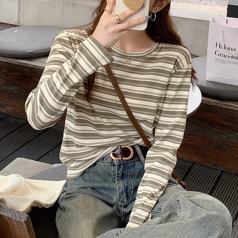 條紋女t恤長袖2023新款秋裝百搭螺紋打底衫內搭寬鬆顯瘦撞色上衣