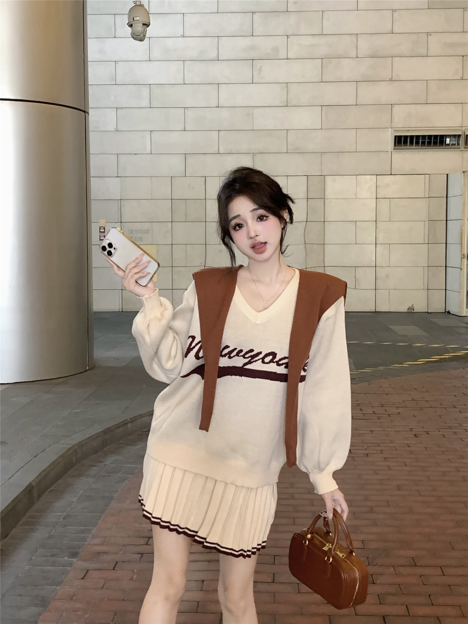 實拍~糯嘰嘰歐尼 慵懶厚實寬鬆V領套頭毛衣毛針織衫半裙套裝