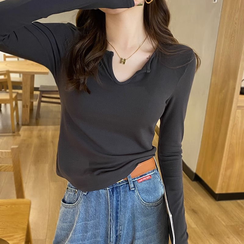 打底衫女春秋款2023新款長袖t恤設計感小眾修身顯瘦內搭U領上衣