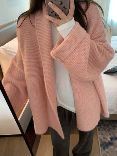 新品韩版洋气时髦慵懒翻领中长款加厚保暖针织开衫毛衣外套女
