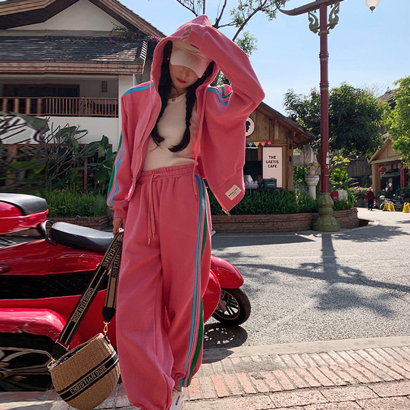 粉色洋氣炸街運動風套裝女2023秋季新款學院風連帽外套衛褲兩件套