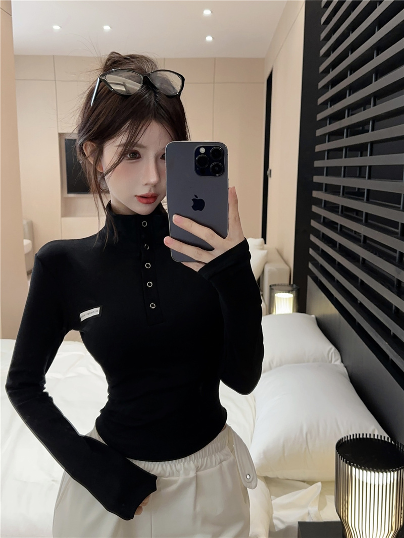 實拍~港風復古顯瘦短款半開領T恤ins立領磨毛內搭打底衫女