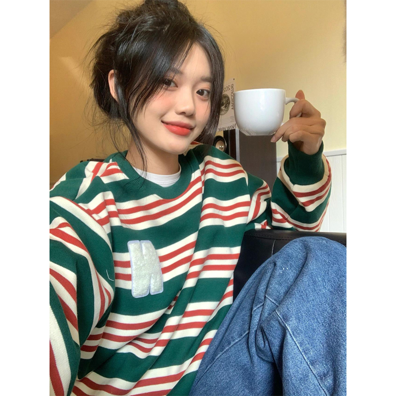 American retro contrast striped long-sleeved sweatshirt for women spring and autumn oversize casual chic Hong Kong style loose top