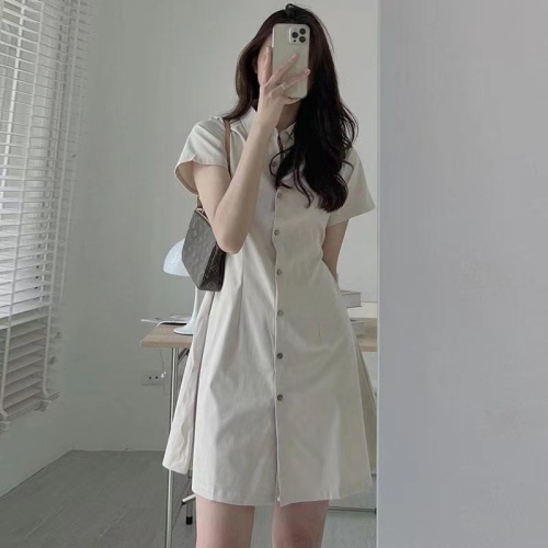 Korean chic summer simple temperament lapel single-breasted waist slimming short-sleeved shirt-style petite dress