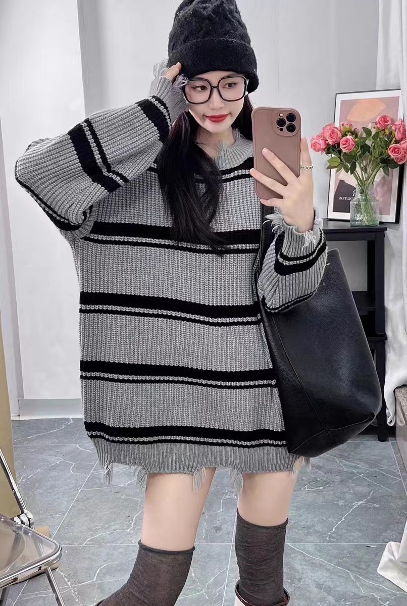 慵懶風毛衣女套頭2023新款秋冬韓版寬鬆設計感條紋長袖毛衣潮