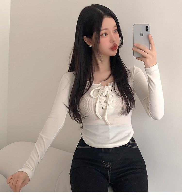 Official photo, strappy U-neck, curved hem, long-sleeved T-shirt, women's base layer autumn niche design top
