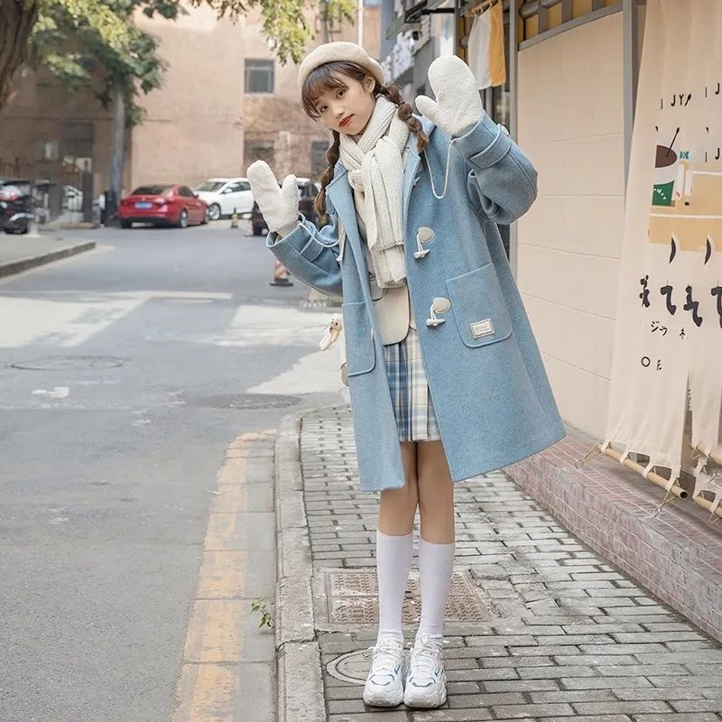 2023 new autumn and winter Korean style college style loose horn button mid-length woolen coat jacket hooded for women