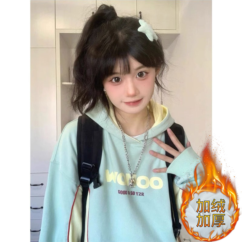 印花食毛華棉復銀狐絨400克雙層帽300斤特大碼女衛衣