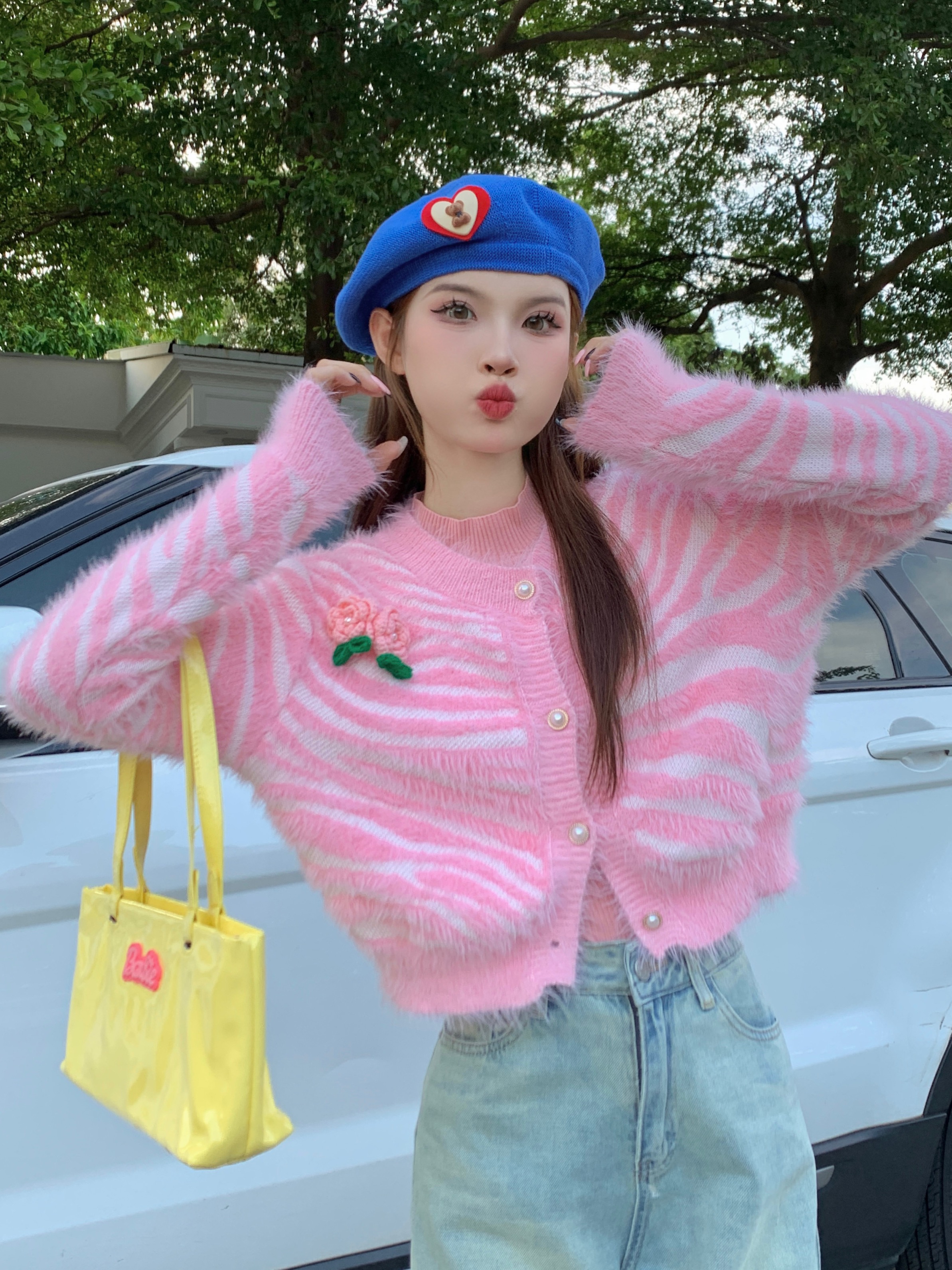 實拍 氣質水貂毛斑馬紋絨開衫短款外套女秋冬軟糯針織毛衣