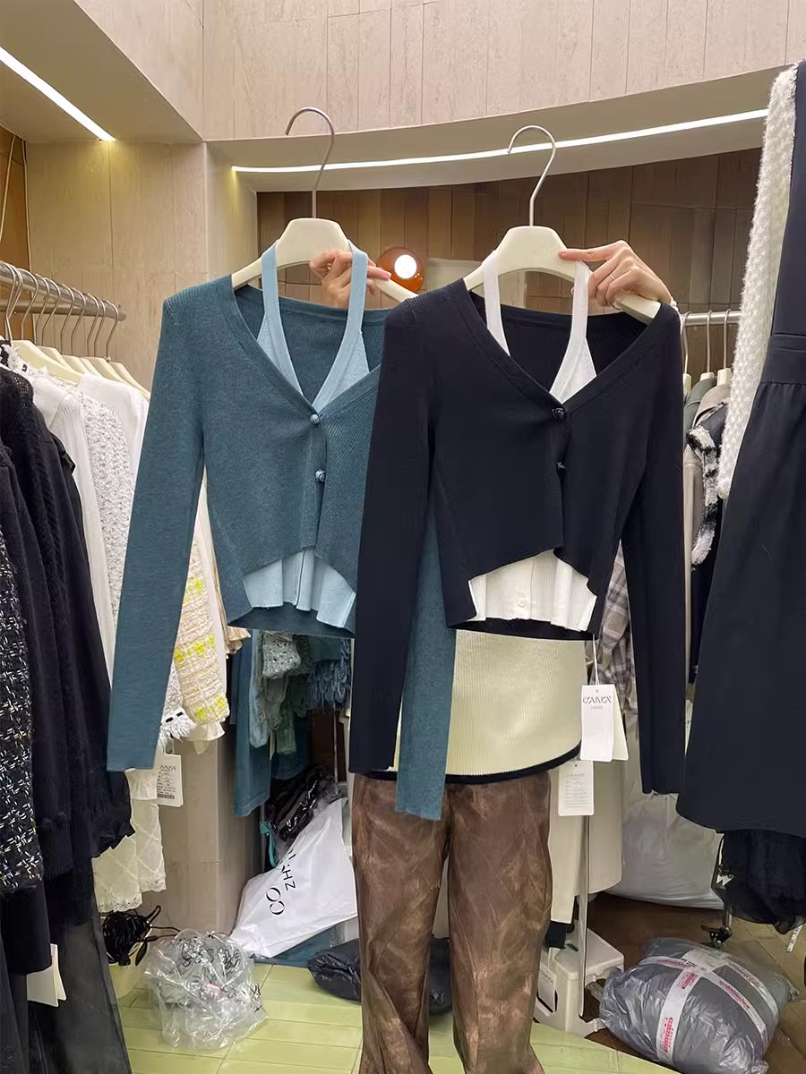 假兩件針織衫十三行女裝2023秋季新款韓版修身純色氣質拼接短毛衣