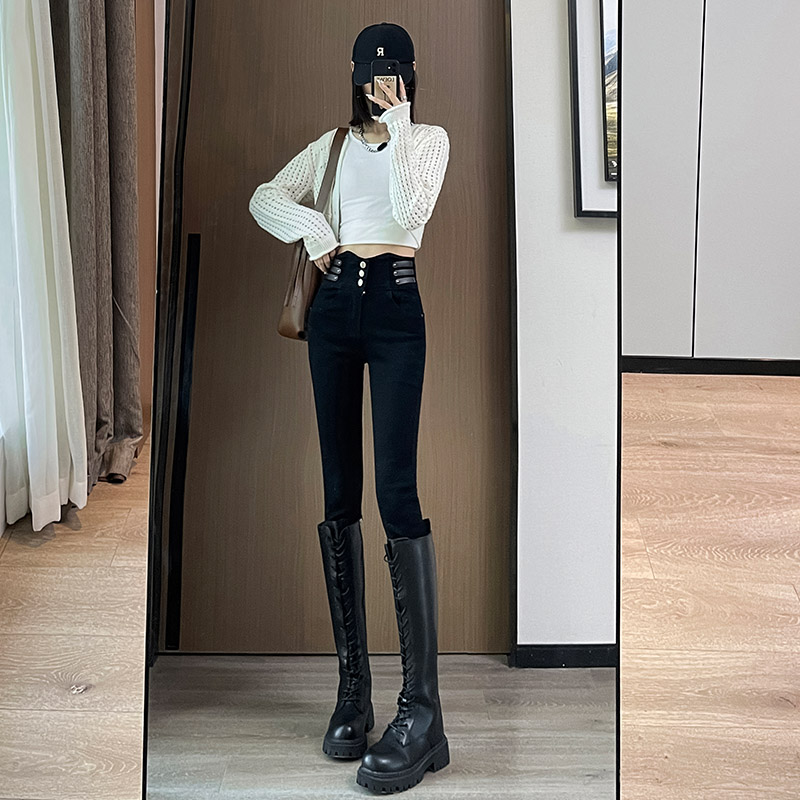 實拍2023秋季時尚潮流拼接修身顯瘦高腰鉛筆小腳復古牛仔褲女