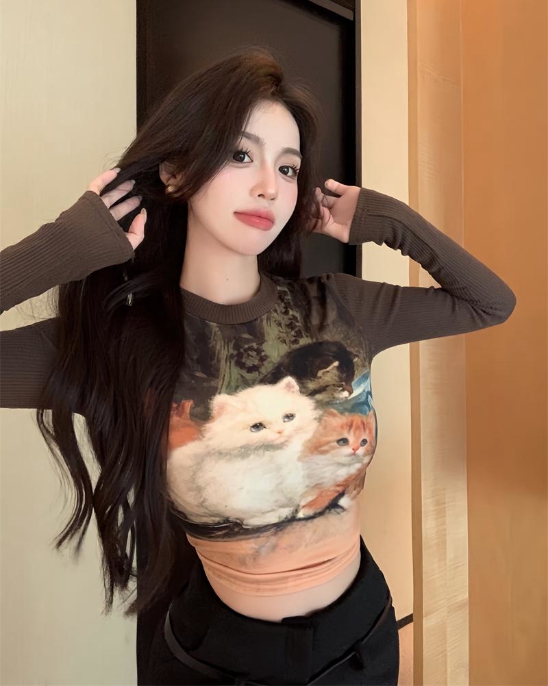 Real shot of pure lust hottie Maillard retro cat print round neck long sleeve T-shirt bottoming shirt for women