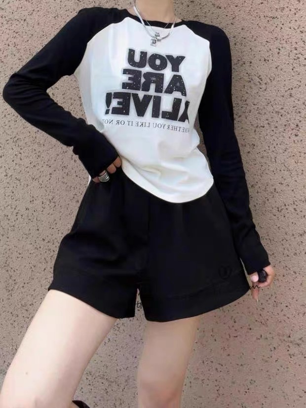 European Station 2023 Winter New Round Neck Pullover Letter Printed Raglan Sleeve Women's Brushed Long Sleeve T-Shirt