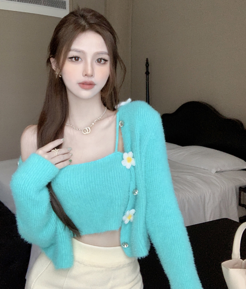 實拍 復古甜系少女親膚吊帶開衫上衣套裝