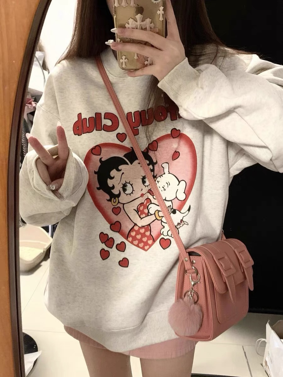 250克大衛衣甜美卡通印花chci加絨慵懶風衛衣少女感上衣