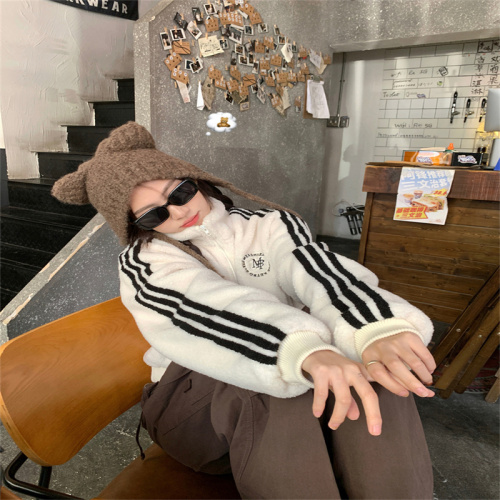 Lamb wool cotton coat for women Korean style stand collar thickened short winter American retro three stripes stand collar trendy top