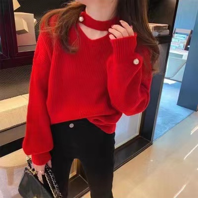 日系慵懶風珍珠掛脖長袖毛衣女秋冬洋氣外穿設計感軟糯針織衫上