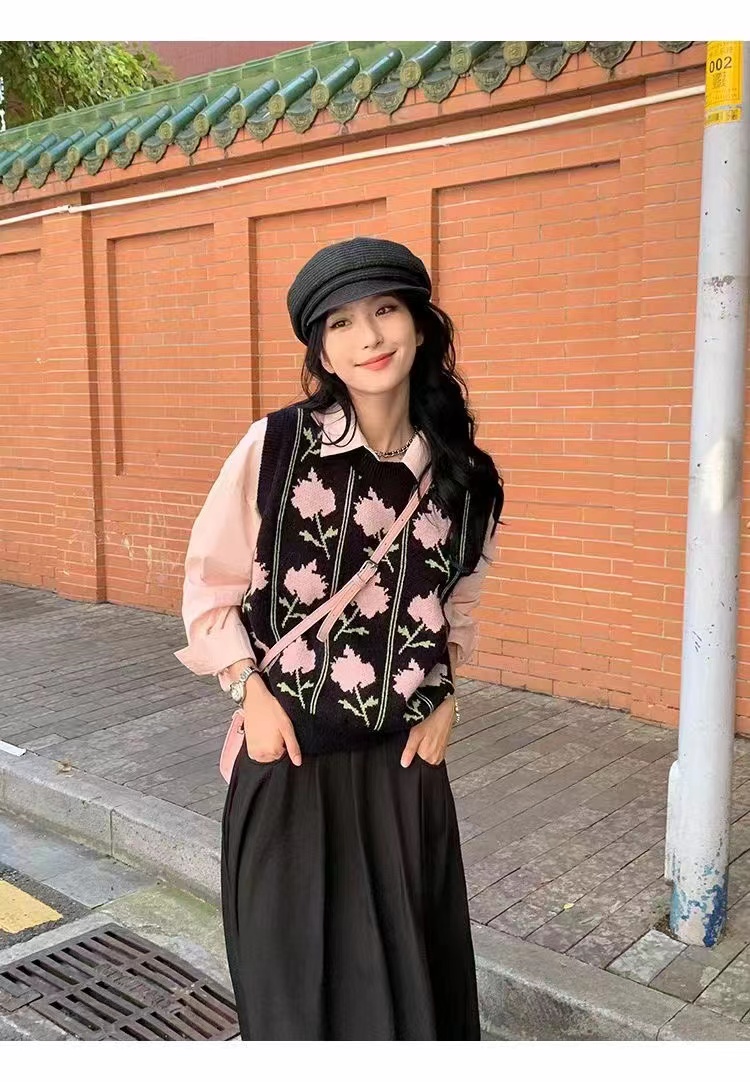 韓國東大門 春秋新款圓領針織復古提花慵懶風上衣百搭顯瘦女裝