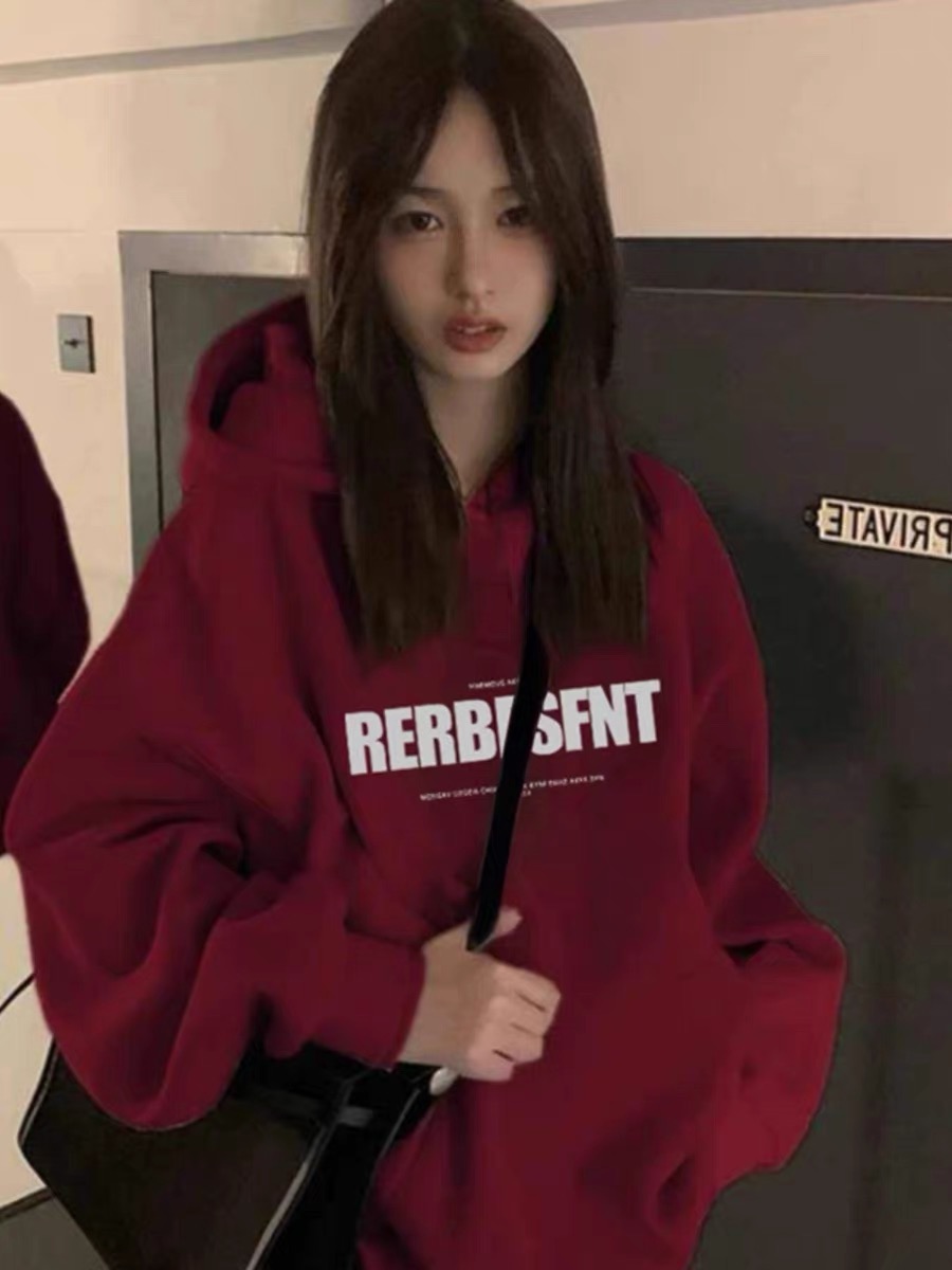潮牌復古酒紅色連帽衛衣外套女秋冬小個子oversize加厚保暖上衣潮