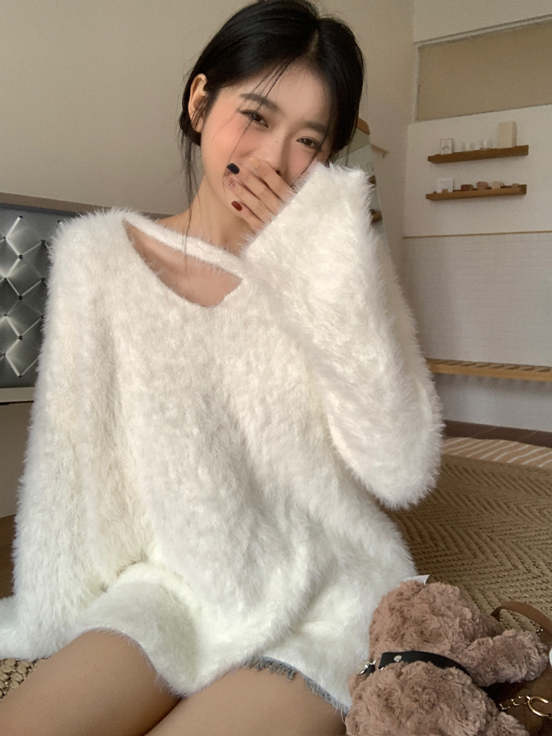 實拍 仿水貂毛軟糯糯秋冬2023新款外穿寬鬆奶呼呼V領針織毛衣