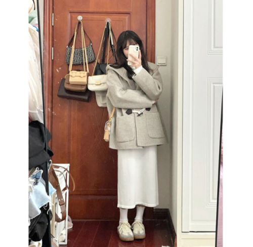  New Korean Drama Horn Button Coat Women's Autumn and Winter Thickened Mid-Length Woolen Jacket High-Quality Small Man