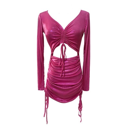 Real shot~Sexy nightclub rose red bright color slim fit hip-hugging V-neck drawstring long-sleeved dress for women