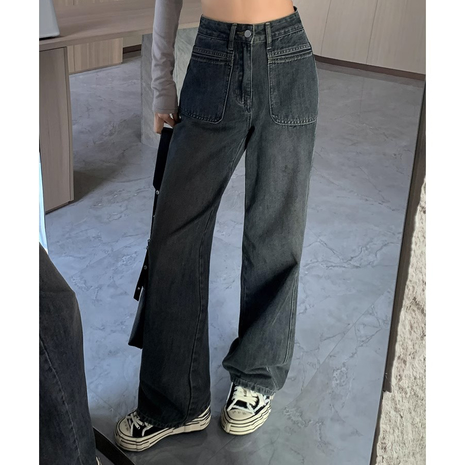 復古闊腿牛仔褲女秋季新款高腰寬鬆顯瘦百搭直筒垂感窄版拖地褲子