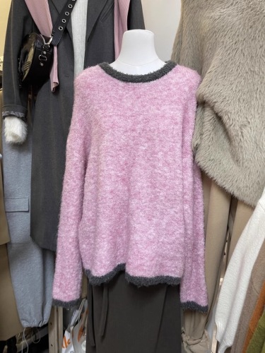 新款冬季韩版慵懒撞色圈圈纱羊毛针织毛衣厚实宽松套头上衣女