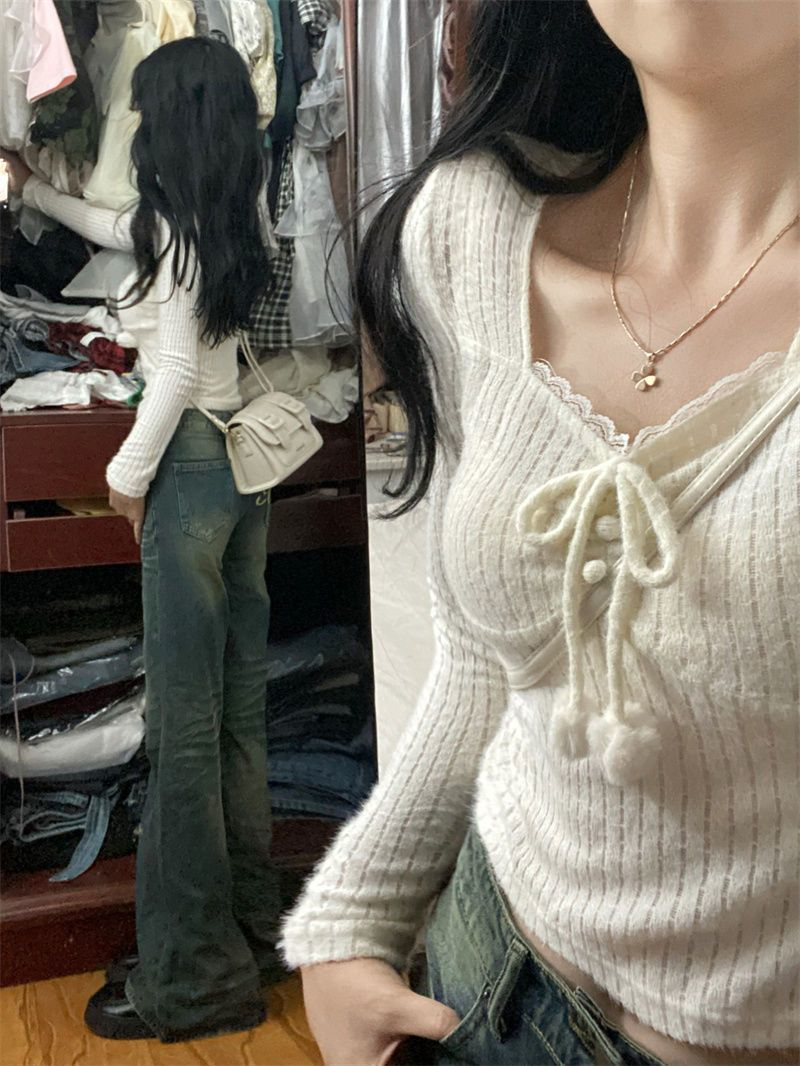 白色蕾絲花邊打底衫女春秋設計感小眾修身顯瘦甜辣妹短款長袖上衣