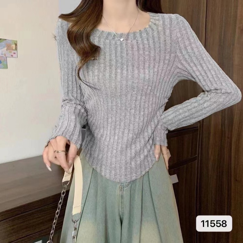 粉色打底衫新款韓版女秋冬內搭修身顯瘦不規則長袖針織衫百搭上衣