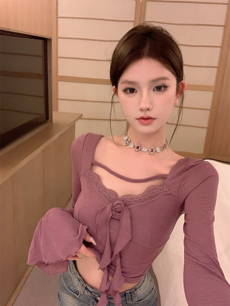 Real shot ~ Temperament Purple Ribbon Flower Top Slim Fit Pure Sexy Ruffled Long Sleeve T-shirt Women's Autumn