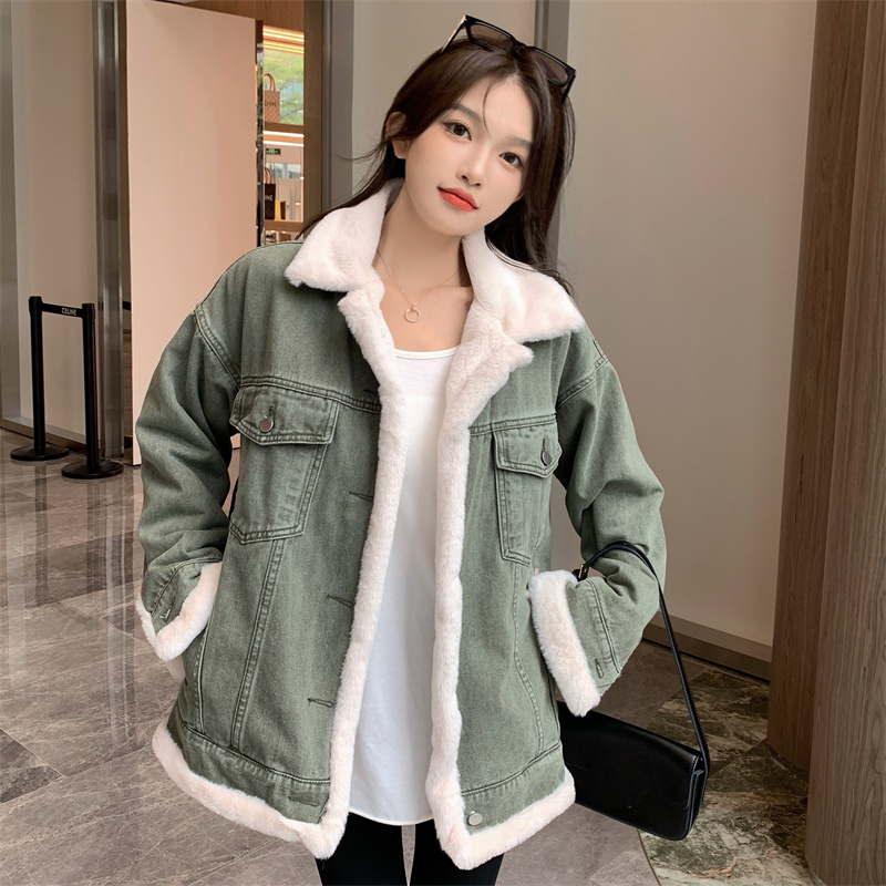實拍~ 加絨加厚牛仔棉服外套女秋冬百搭寬鬆BF風仿兔毛棉衣