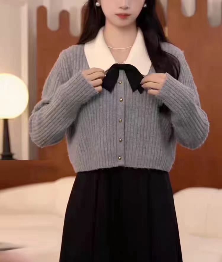蝴蝶結polo領長袖針織開衫女外套秋冬寬鬆慵懶休閒短款毛衣女秋冬