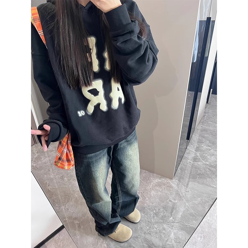 國潮牌美式連帽小個子黑色衛衣女2023新款秋冬情侶裝加絨加厚
