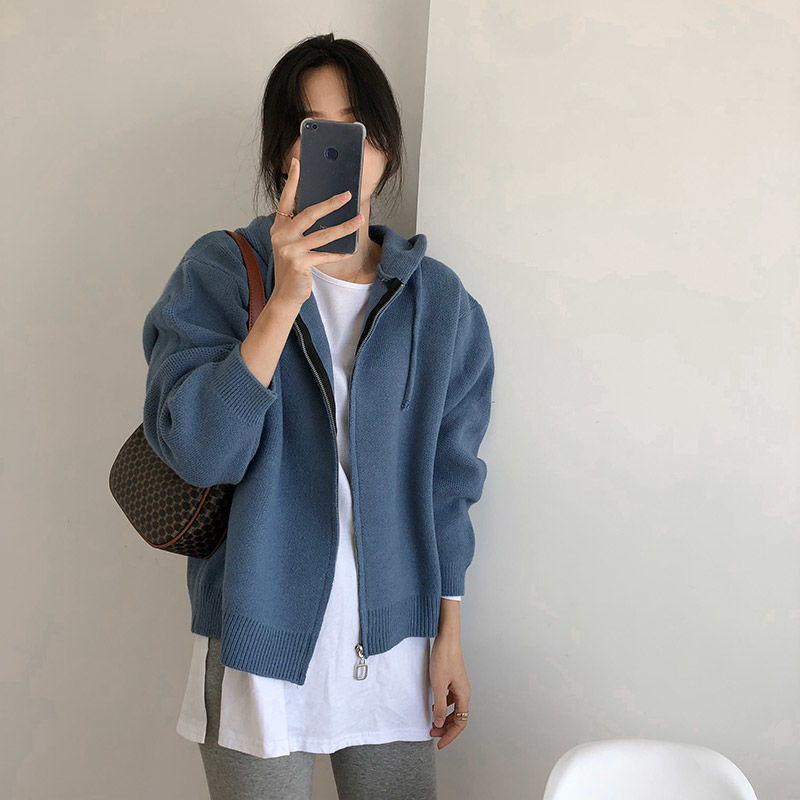 設計感拉鏈連帽針織衛衣帽衫春裝新款洋氣毛衣開衫外套女寬鬆