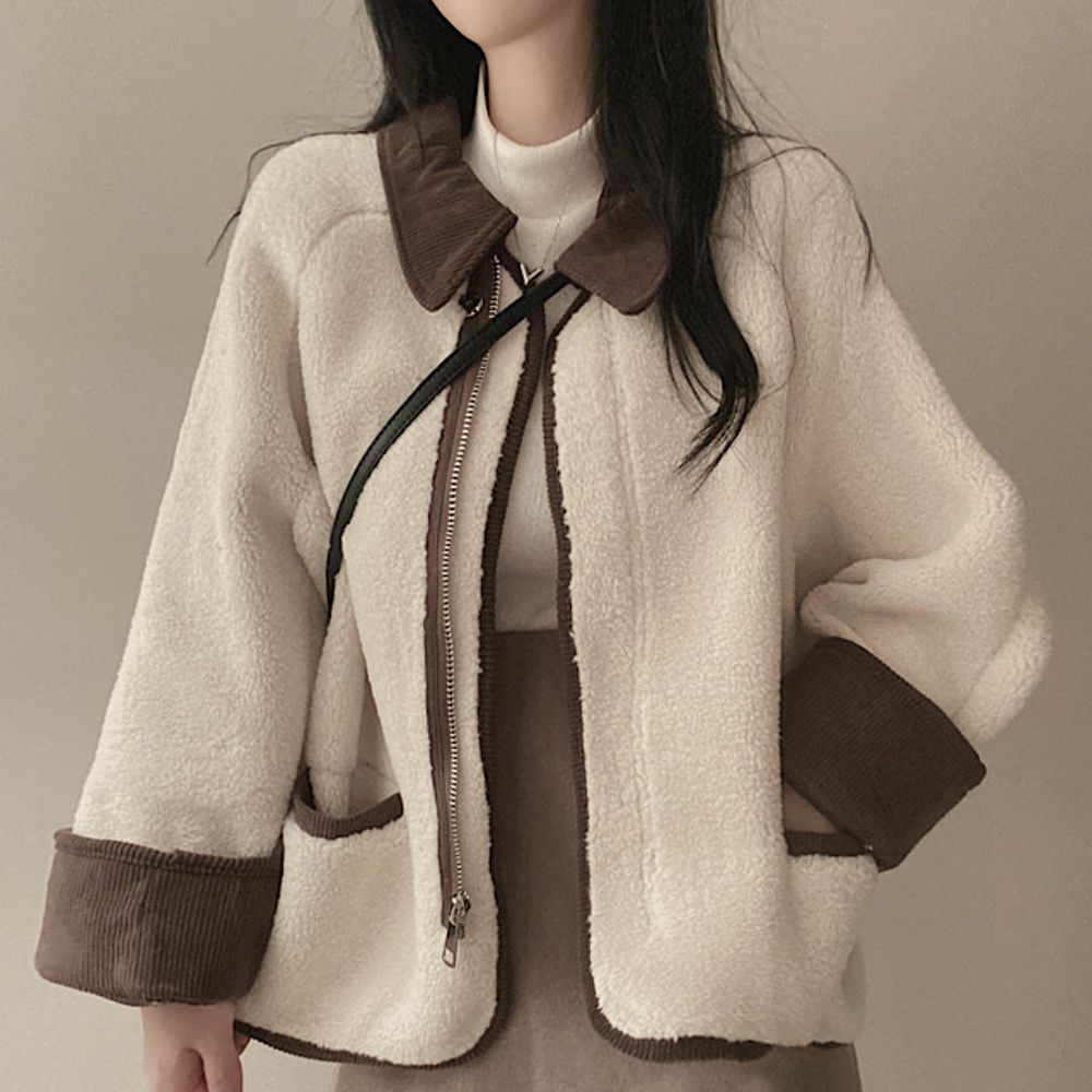 韓國chic冬季新款復古拼接一體寬鬆休閒羊羔毛外套女