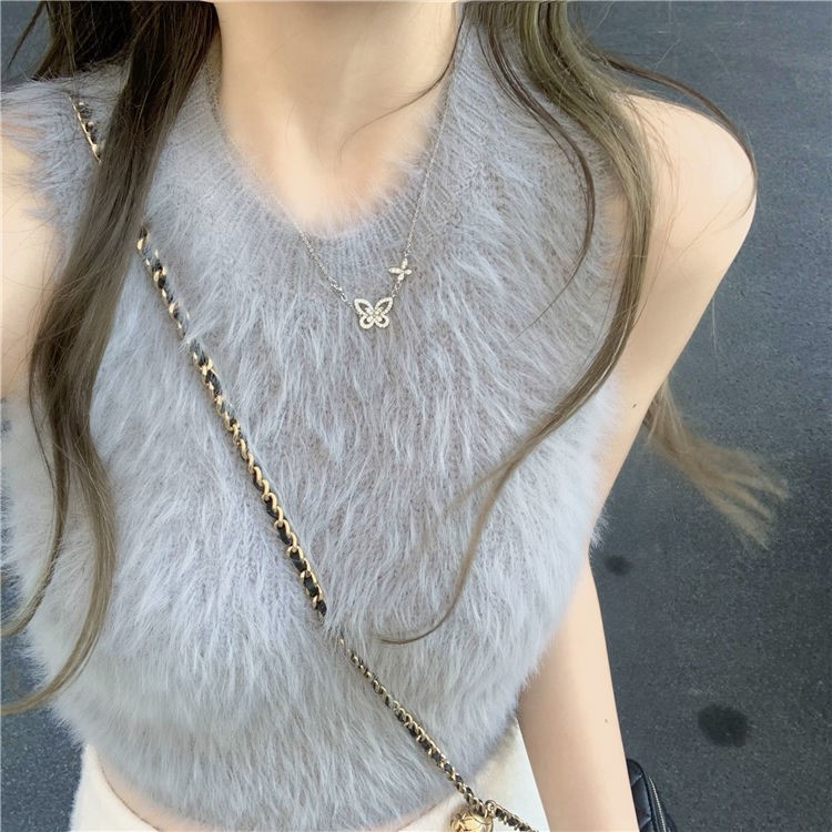 名媛貂絨背心毛衣女秋冬時尚內搭性感法式純欲風無袖露肩打底衫潮