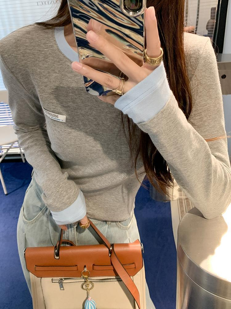 260 tailoring round neck contrasting edge bottoming shirt for women 2023 autumn long-sleeved T-shirt top