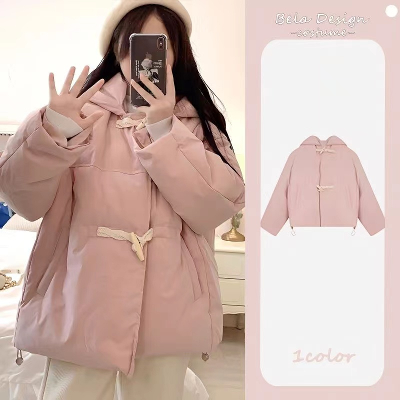 Down cotton-padded jacket for women winter 2023 new short cotton-padded jacket oversize small horn button cotton-padded jacket
